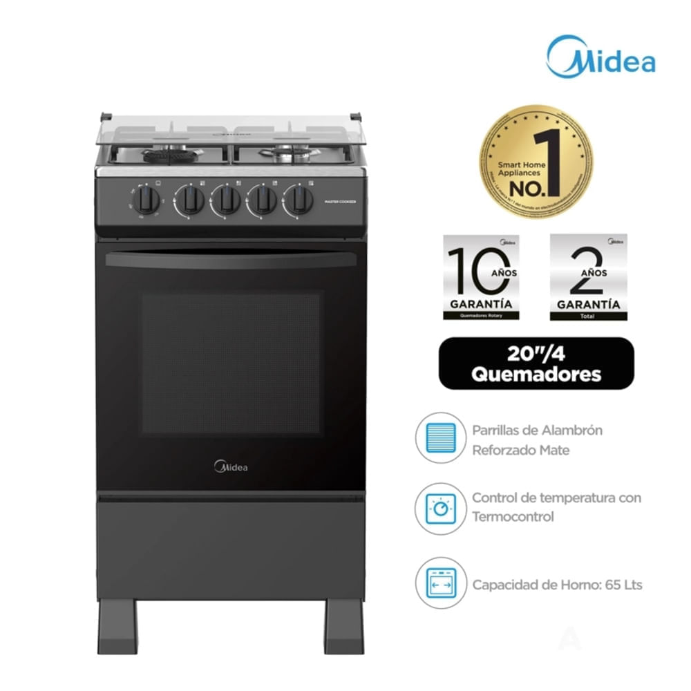 Cocina a Gas Midea MGS20FS2LFABB-PE 20" 4 Hornillas Negro