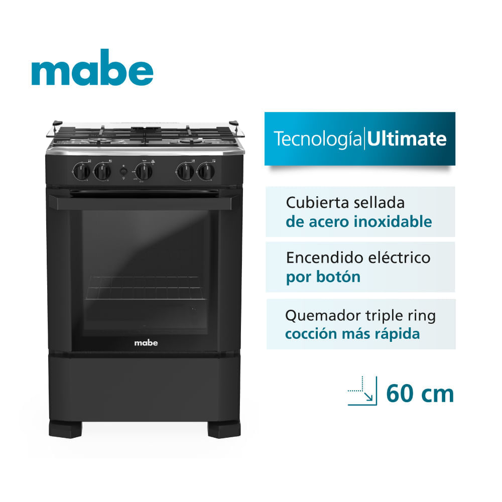 Cocina a Gas Mabe CMP6040FNO 24" 4 Hornillas Negro