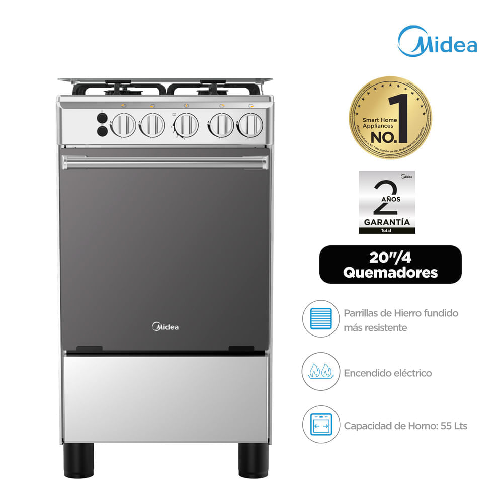 Cocina a Gas Midea MGS20F0LJAGG-PE 20" 4 hornillas Gris